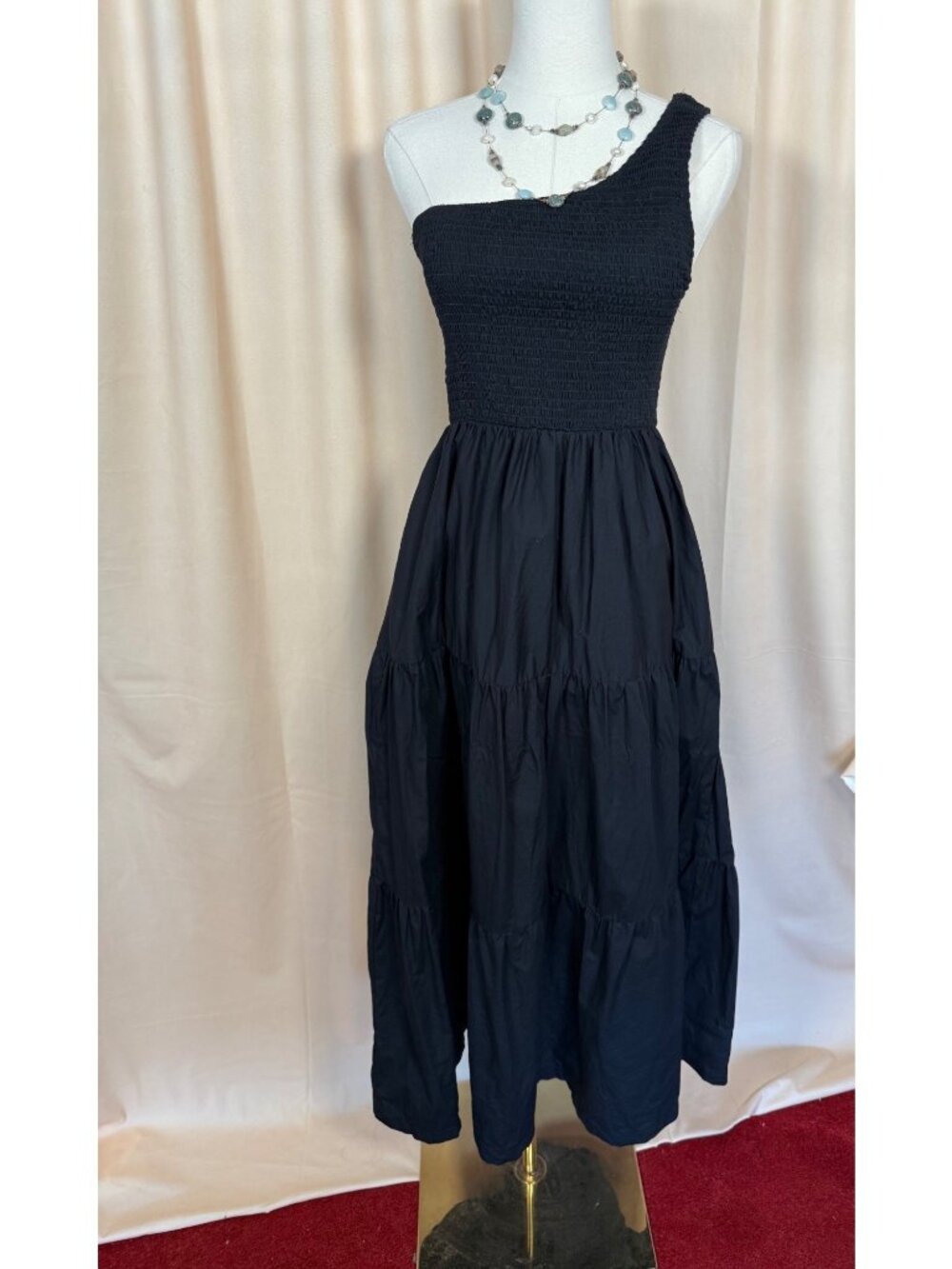 o.p.t Milada One Shoulder Tiered Maxi Dress Smocked Black 100% Cotton Size M